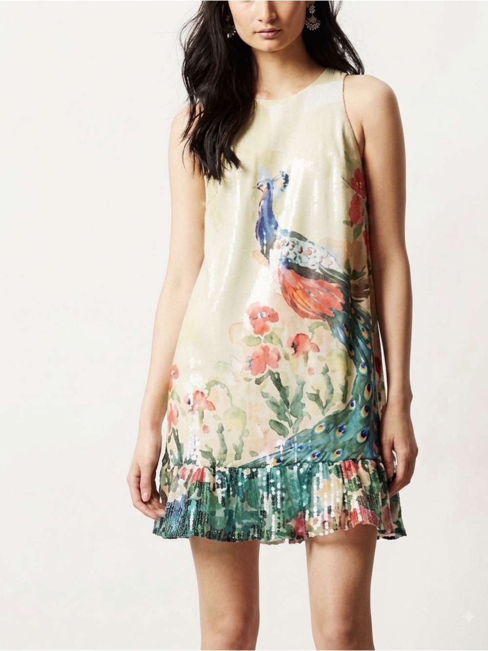 Leifsdottir Sz 2 Sequined Peacock Floral Shift Dress Drop Waist Anthropologie